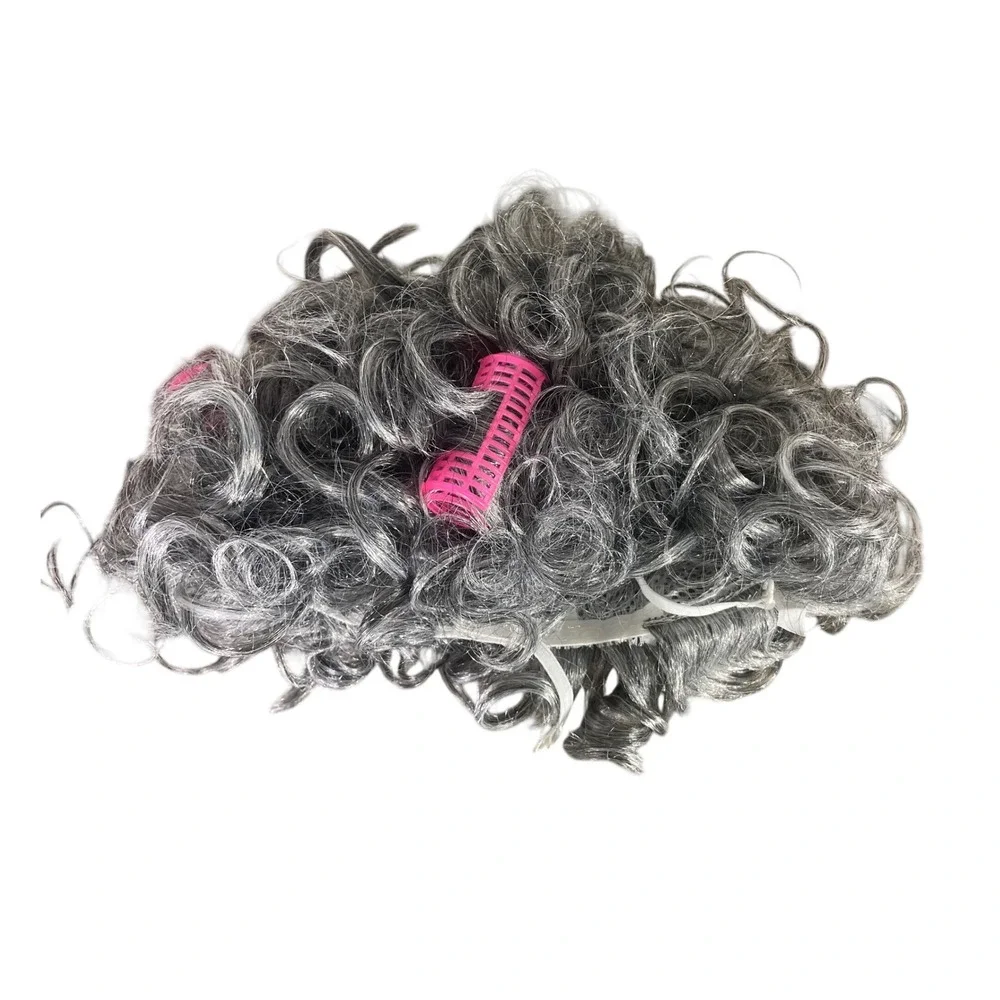 Old Lady Grandma Wig Gray Curly Pink Rollers Granny Costume Halloween 100 Day